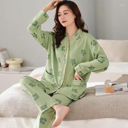 Women's Sleepwear Autumn Women V-Neck Pajamas Sets Fashion Print Cotton Female Pyjamas Two Pieces Shirts Pants Nighties Big Yards 5XL