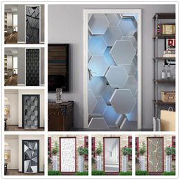 Other Decorative Stickers Visual 3D View Hexagon Door Sticker Vinyl Peel and Stick Wallpaper Waterproof Removable Poster Home Decoration adesivo porta 230403