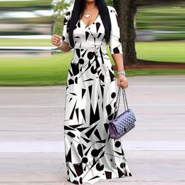 Casual Dresses Women Spring V-neck Pattern Print Maxi Dress Sexy High Waist Lace-up Long Party Autumn Sleeve Boho Office Mujer