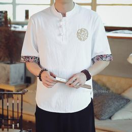 Ethnic Clothing 5Color Summer Chinese Style Hanfu Men Short Sleeve Cotton T-shirt Tai Chi Tee Tops Zen Art Qipao Shirt Casual