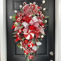 Decorative Flowers Sweet Christmas Wreath Garland Candy Cane Bow Ornament Xmas Front Door Hanging Wall Home Decor