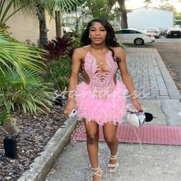 Elegant Pink Feather Prom Dress 2024 For Black Girls Elegant Luxury Sheath Mini Short Cocktail Party Wear Birthday Baddie Evening Formal Occasion Vestidos De Gala