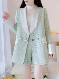 Women's Tracksuits 2 Piece Sets Womens Outfits Fashion Green Long Sleeve Turn-down Collar Patchwork Blazer Coat High Waisted Shorts Office