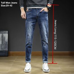 Men's Jeans 190CM High Waist Men's Classic Blue Exra Pants 115CM Spring Autumn Plus Size 38 40 42 Ultra Thin Fit for Big Boys Elastic Trousers 230403