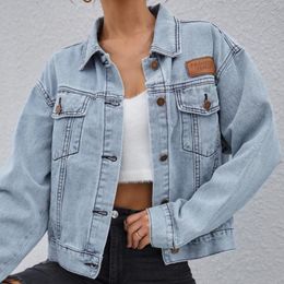 Women's Jackets Flap Pocket Denim Jacket Women Coat Solid Colour Loose Buttons Classic Long Sleeve Cardigan Clothes Roupas Femininas AbrigoWo