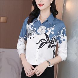 Women's Blouses Satin Vintage Shirts Loose Fashion Silk Spring/Summer Ladies Floral Clothing Long Sleeves Polo Neck Prints Tops