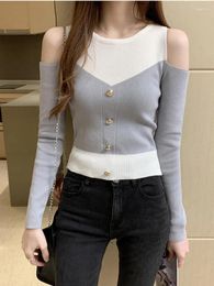 Women's Sweaters Patchwork Off Shoulder Sweater Women 2023 Autumn Womens Clothes Slim Knitted Cropped Pullover Long Sleeve Button Mujer