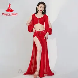 Stage Wear Belly Dance Costume For Women Long Sleeves Top Skirt 2pcs Training Suit Performance Set Sexy Oriental Troupe Outfit
