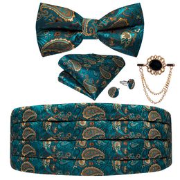 Waist Chain Belts Teal Paisley Men's Tuxedo Cummerbund Silk Bow Tie Set Man Wedding Dress Waist Elastic Waistband For Men Tuxedo Wide Belt DiBanGu 230403