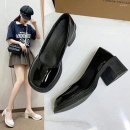 Dress Shoes Patent Leather Women Pumps 2023 Office Black High Heels Woman Shallow Mouth Square Toe Female Plus Size 42 43