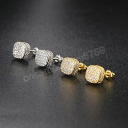 Hip Hop Iced Out Bling Stud Earrings With Screw Back Gold/Silver Color Micro Pave 7mm CZ Stone Earrings Gift For Men