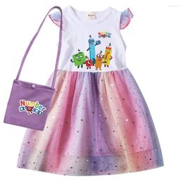 Girl Dresses Summer Kids Number Blocks Dress Girls For Children Short Sleeve And Little Bag Party Princess Vestidos