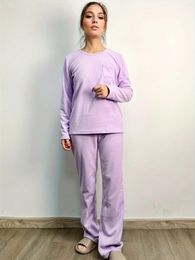 Women's Sleepwear Schinotch Autumn Women Fleeced Pajamas Set Crew Neck Long Sleeves Cozy Warm Double-Faced Pile Ladies Loungwear Sets