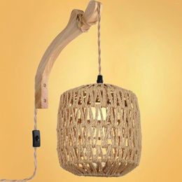 Wall Lamp Rustic Handwoven Shade Pendant Lights With Wood Arm Adjustable Cord Sconce For Nursery Porch Hallway Bedside