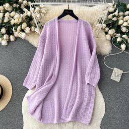 Women's Knits Minimalist Cardigan Women V-neck Solid Long Sleeve Knitted Sweaters Female Loose Korean Style Pull Femme Screw Thread Dropship