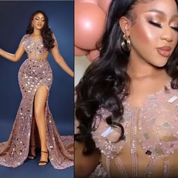 Short Sleeves Aso Ebi Prom Dresses Plus Size Gold African High Neck Sweetheart Beaded Sequined Pleated Draped Mermaid Evening Dress Second Reception Party Gowns