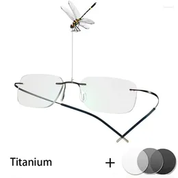 Sunglasses Titanium Rimless Glasses Men's Women Pochromic Gray Myopia Lens Outdoor Presbyopia Optics Eyewear -125 -150 -200 Sun