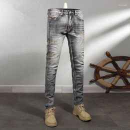 Men's Jeans Fashion Designer Men High Quality Retro Black Grey Stretch Slim Fit Ripped Embroidery Vintage Denim Pants Hombre