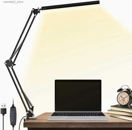 Desk Lamps NEW LED Folding Metal Desk Lamp Clip on Light Clamp Long Arm Dimming Table Lamp 3 Colours For Living Room Reading And Computers Q231104