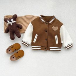 Jackets 2023 Korean Autumn Winter Baby Boy Baseball Uniform Cotton Velvet Bear Embroidered Patchwork Infant Coat Toddler Outfits