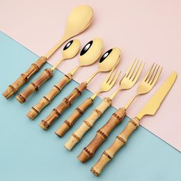 Dinnerware Sets Gold Cutlery Stainless Steel Kitchenware Serving Salad Spork Server Fork Spoon Wood Bamboo Root Handle Tableware