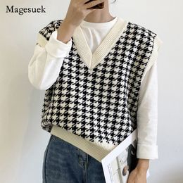 Women's Vests Women Houndstooth Loose Knitted Vest Sweater V Neck Sleeveless Thick Casual Sweater Suits Female Waistcoat Chic Tops 17502 230403