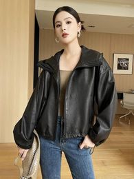 Women's Leather Cropped Hooded Sheepskin Coat For Women 2023 Trend High-end Simple Loose Black Genuine Motorcycle Jacket