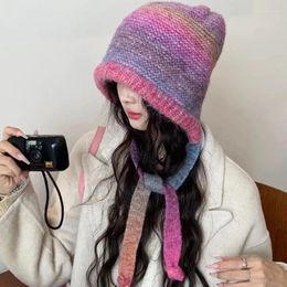 Berets Japanese Retro Mixed Colour Cute Strap Women's Hats Autumn And Winter Outdoor Warm Multi-functional Versatile Knitted Bomber Cap