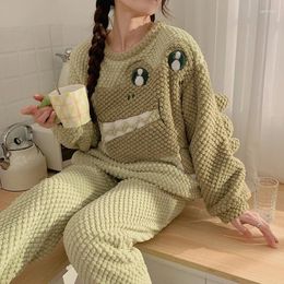 Women's Sleepwear Winter Women Pajama Set Flannel Pyjamas Cartoon Crocodile Pattern Lovely Korean Loose Pijama Mujer Soft Warm Female