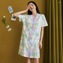 Women's Sleepwear 2023 Summer Female Print Sleepshirt Ladies Cotton Nightgown Women Short Sleeve V-neck Collar Home Dress With Bra