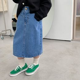 Skirts Girls' All-Match Mid-Length Skirt Korean Style Spring Pocket Children'S Clothing Fashion Denim Skirt For Baby Girls 230403