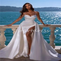 Civil Minimalist Wedding Dress With Overskirt Train Spaghetti Straps Mermaid Boho Beach Bridal Gowns Elegant High Slit Bride Dress Chic Vestidos De Novia 2024