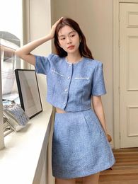 Work Dresses Fashion French Summer Tweed Two Piece Set Women Puff Sleeve Short Top High Waist Mini Skirt Suits Elegant Office Outfit