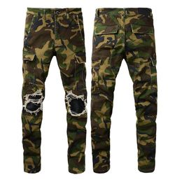 Mens Jeans Army Green Pants Man Washed Biker Trousers Fashion Casual Mature Trendy Denim Pant Hip Hop motorcycle Camouflage jean