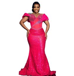 2023 Arabic Aso Ebi Fuchsia Mermaid Prom Dress Sequined Lace Evening Gowns Beaded Sheer Neck Birthday Engagement Second Gown Dress Women Formal Wear WD036