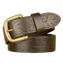 Belts Western Cow Leather Carved Copper Pin Buckle Wide 3.8cm Men Belt 3 Colours Fashion Genuine Joker Causal