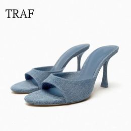 Sandals TRAF Denim Heel Slippers 2023 Fashion High heels Shoes Sexy Open Toe Pumps Modern Office Casual 231102