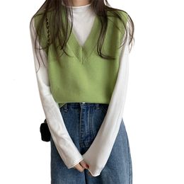 Women's Vests Korean Sweater Vest Women Solid Autumn Winter All-match Leisure Outerwear Knitted V-Neck Sleeveless Female Elegant Simple 230403