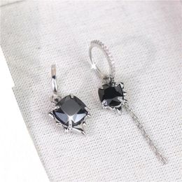 Hoop Earrings Trendy Asymmetric Cold Metal Wind Black Zircon Tassel Chain Long Temperament Versatile Niche Jewelry Gift