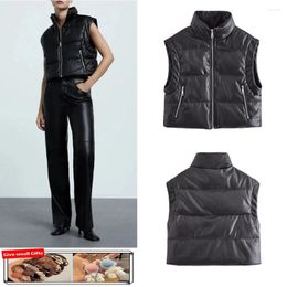 Women's Tanks European And American Autumn Temperament Stand Collar Sleeveless Zipper Black Imitation Leather Vest