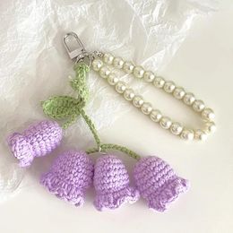 Keychains Cute Knitted Purple Flower Bouquet Car Keychain For Keys Accessories Wholesale Women Crochet Tulips Bag Keyring Pendant