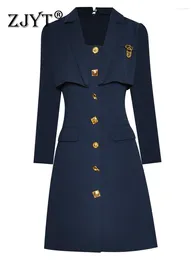 Casual Dresses ZJYT Runway Fashion Autumn Long Sleeve Dress Navy Blue Women Notched Collar Elegant Mini Vestidos Office Lady 2023 Robe