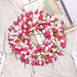 Decorative Flowers Simulation Pink Tulip Wreath Wedding Decoration Spring Wall Hanging Artificial Mother's Day Gift