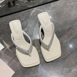 Slippers 2023 Glitter Rhinestone Slides Women Shiny Low Heel Mules Shoes Fashion Square Toe Summer Clip Sandals Flip Flops