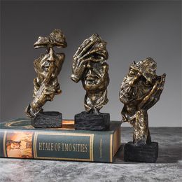 Decorative Objects Figurines Mini 3Pcs Set Silence Is Gold Statue Resin Sculpture Figurine Office Home Decoration Desktop Decor Handmade Craft Modern Art 230403