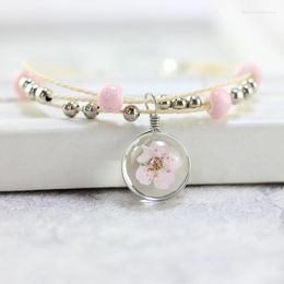 Charm Bracelets Dried Flowers Cherry Blossoms Glass Ball For Women Handmade Jewelry Ceramic Beads Fashion &bangle Pink Blue