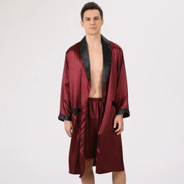 Men's Sleepwear Men Satin Kimono Robe Short Pants Sleep Set Male VNeck Nightwear Home Dressing Gown Loungewear Pajamas Bathrobe 231102