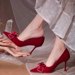 Dress Shoes 2023 Spring And Autumn Large Size High Heels Women Wine Red Chinese Retro Bow Stiletto Wedding Bride Women's