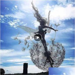 Garden Decorations Decorative Stake Fairies And Dandelions Dance Together Metal Yard Art Decor Lawn Landscape Scpture Drop Q0811 Del Otq37