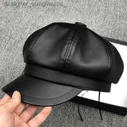 Berets New PU Leather Berets Women's Autumn Winter Newsboy British Vintage Street Painter Hat Black Red Berets French Octagonal HatsL231103